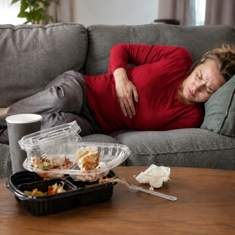 Una mujer con dolor de panza en el sofá, junto a los restos de una comida de delivery